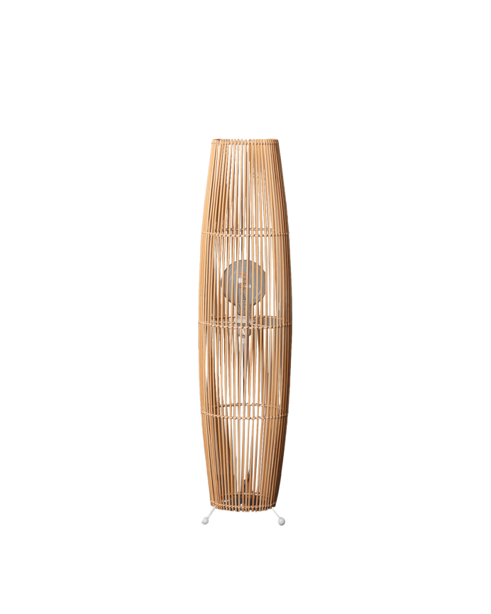 Deco wood Lámpara de pie elaborada con base metálica color blanco y ramas de bambú unidas con un trenzado de fibras naturales