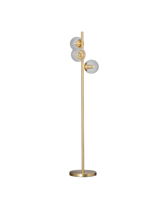 Deco wood Lámpara de pie elaborada con una base de aluminio color dorado y tres esferas de cristal transparente