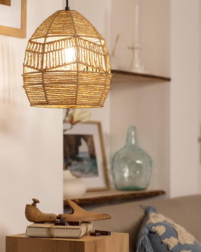 Deco Wood Lámpara De Techo Con Trenzado De Cuerda De Cáñamo Natural