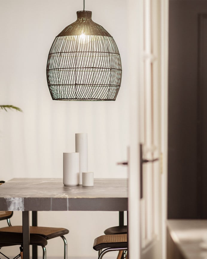 Deco Wood Lámpara De Techo De Fibras De Mimbre Natural En Color Negro De 60x50cm