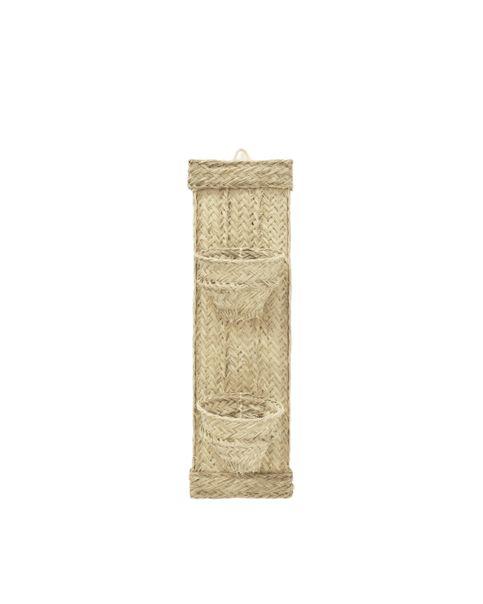Deco wood Macetero de pared doble vertical de esparto natural y armazón de madera de 75x22cm