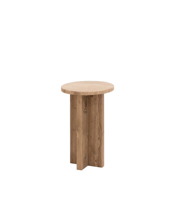 Deco Wood Mesa Auxiliar De Mármol Daino Reale Y Patas De Madera Maciza De Ø28cm