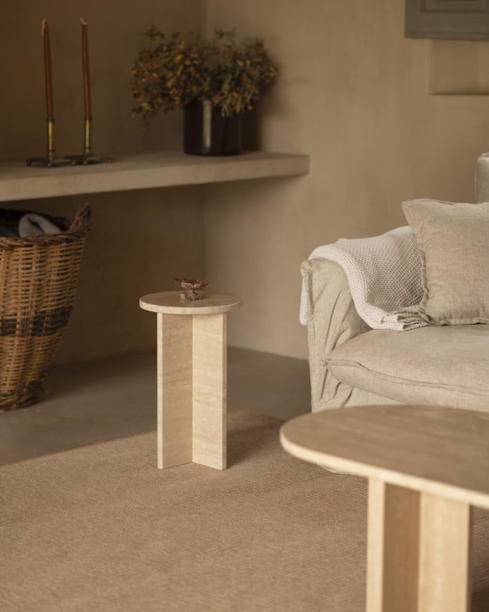 Deco Wood Mesa Auxiliar Redonda De Mármol Travertino De Ø28cm