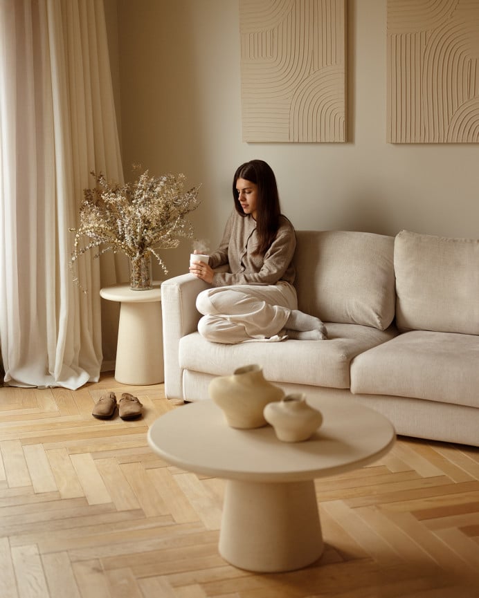 Deco Wood Mesa Auxiliar Redonda De Microcemento En Tono Beige 45x50cm