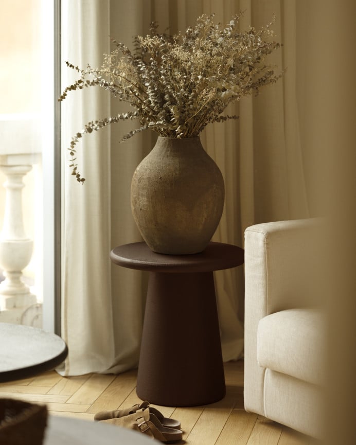 Deco Wood Mesa Auxiliar Redonda De Microcemento En Tono Marrón De 45x50cm