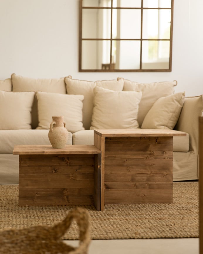 Deco Wood Mesa De Centro 2 Piezas De Madera Maciza En Tono Roble Oscuro De 100x44 6cm