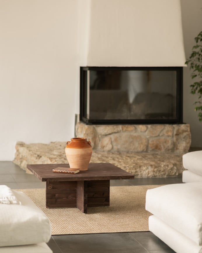 Deco Wood Mesa De Centro Cuadrada De Madera Maciza En Tono Nogal De 80x80cm