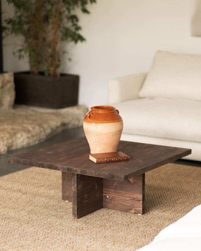 Deco Wood Mesa De Centro Cuadrada De Madera Maciza En Tono Nogal De 80x80cm