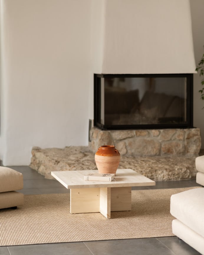 Deco Wood Mesa De Centro Cuadrada De Madera Maciza En Tono Natural De 80x80cm