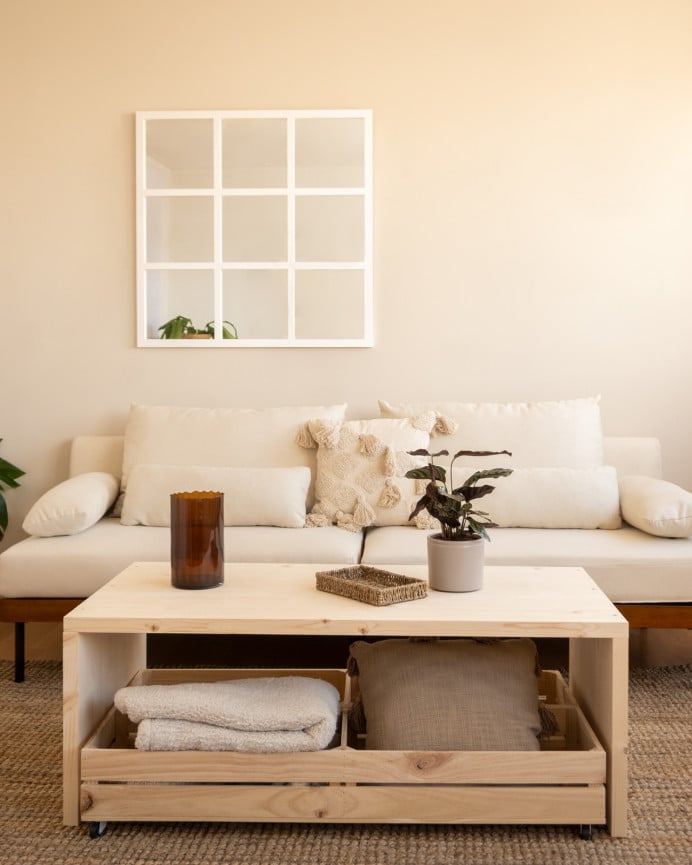 Deco Wood Mesa De Centro De Madera Maciza En Tono Natural Con Ruedas De 120x45cm