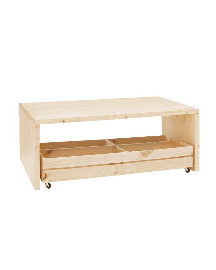 Deco wood Mesa de centro de madera maciza en tono natural con ruedas de 120x45cm