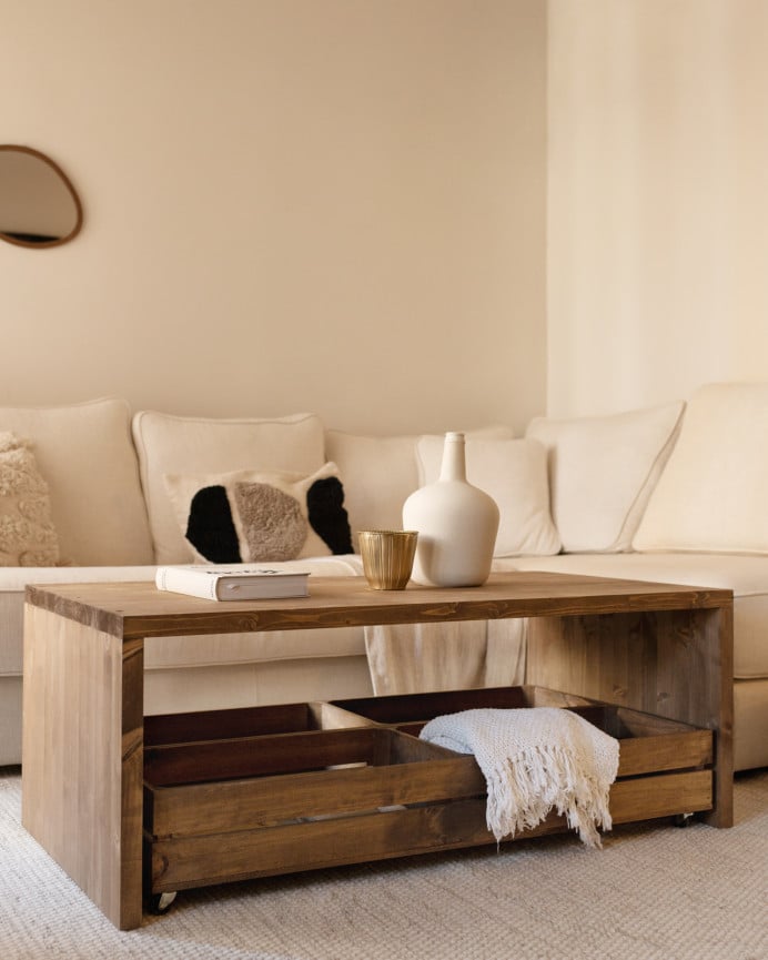 Deco Wood Mesa De Centro De Madera Maciza En Tono Roble Oscuro Con Ruedas De 120x45cm