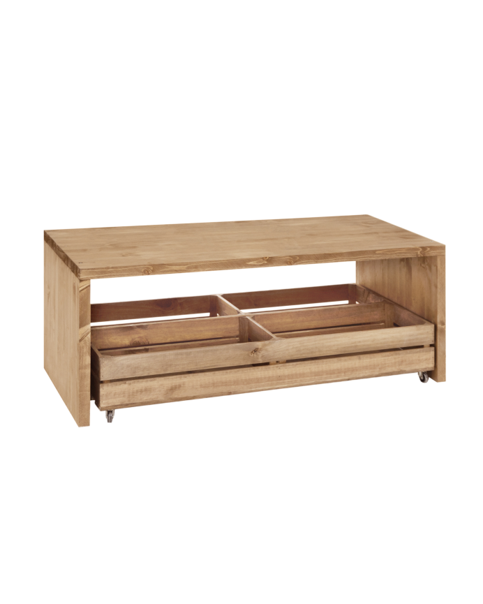 Deco wood Mesa de centro de madera maciza en tono roble oscuro con ruedas de 120x45cm