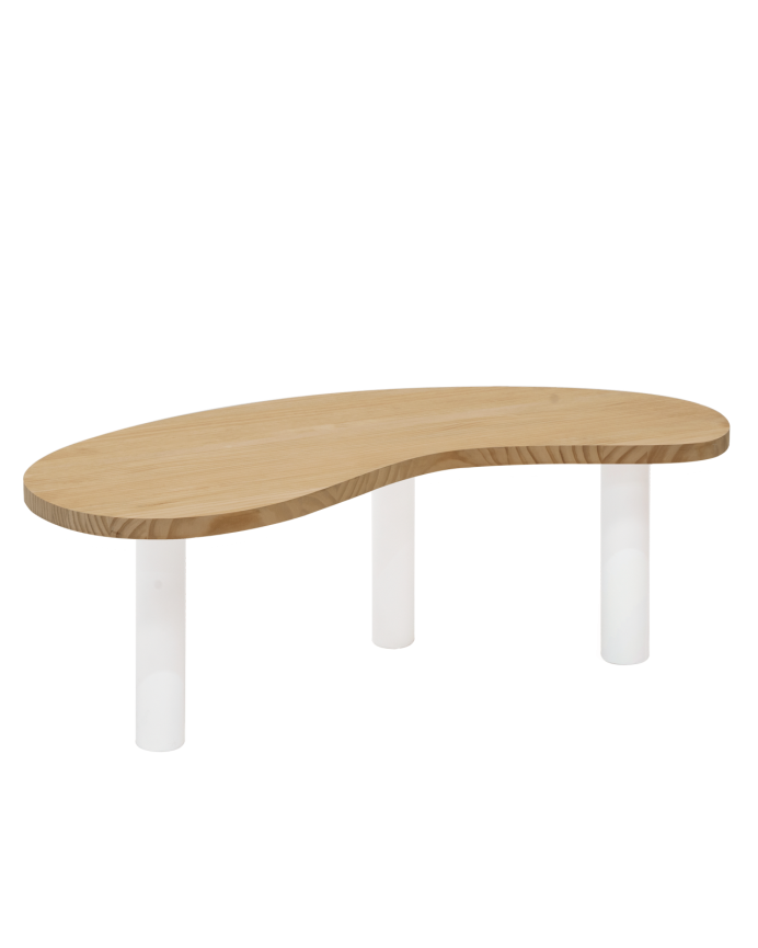 Deco Wood Mesa De Centro De Madera Maciza Formas Orgánicas Sobre En Tono Roble Medio Y Patas Tono Blanco De 40x100cm