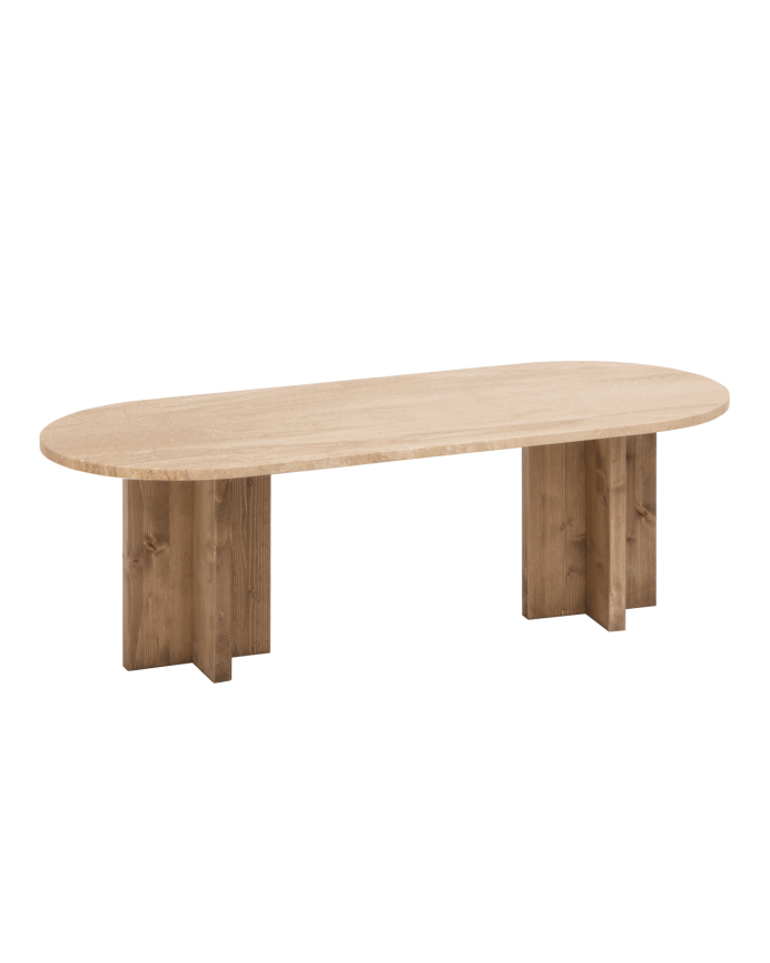 Deco wood Mesa de centro de mármol daino reale y patas de madera maciza de 120x50cm