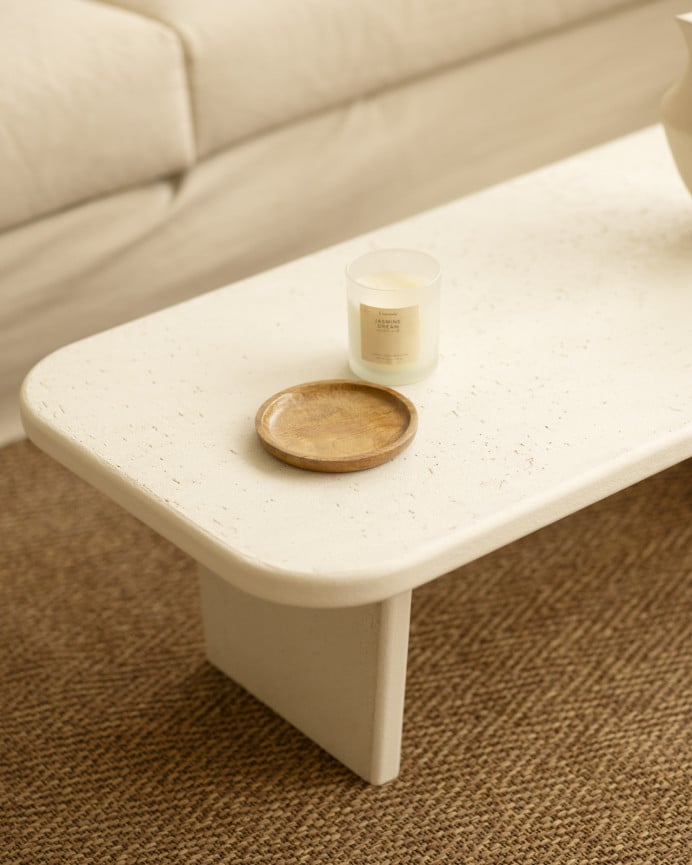 Deco Wood Mesa De Centro De Microcemento Con Dos Patas Tono Blanco Roto De 95cm