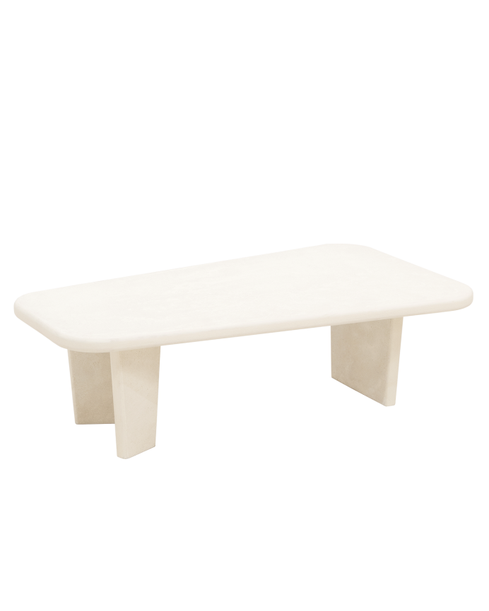 Deco wood Mesa de centro de microcemento con tres patas tono blanco roto de 100cm