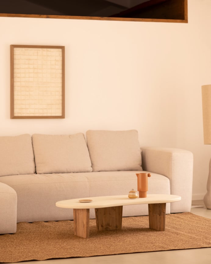 Deco Wood Mesa De Centro De Microcemento De Formas Orgánicas Con Tres Patas De Madera Tono Roble Oscuro De 120cm