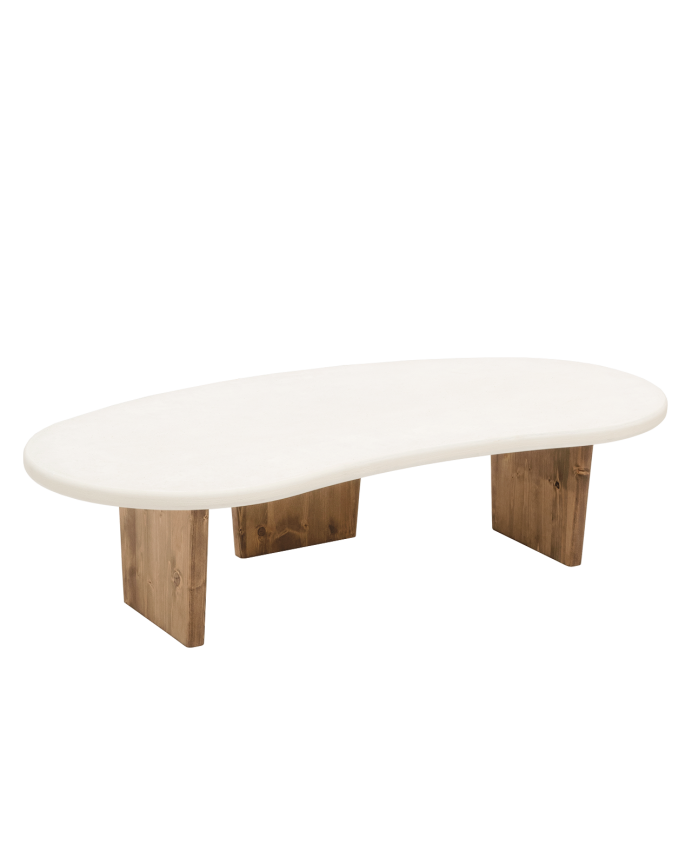 Deco wood Mesa de centro de microcemento de formas orgánicas con tres patas de madera tono roble oscuro de 120cm