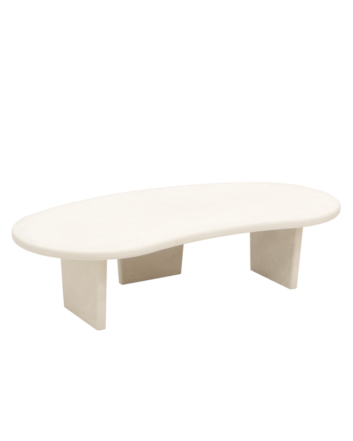 Deco wood Mesa de centro de microcemento de formas orgánicas con tres patas tono blanco roto de 120cm