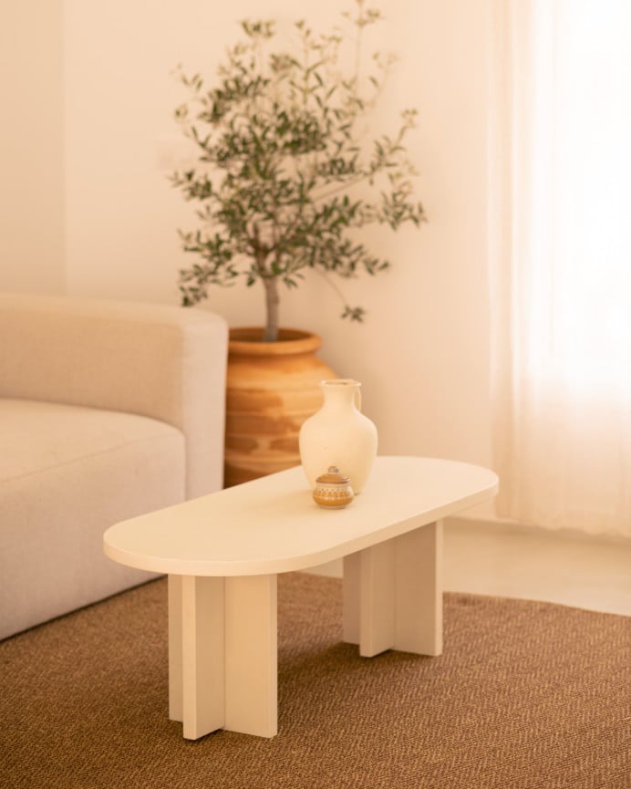 Deco Wood Mesa De Centro De Microcemento En Tono Blanco Roto De 120x50cm