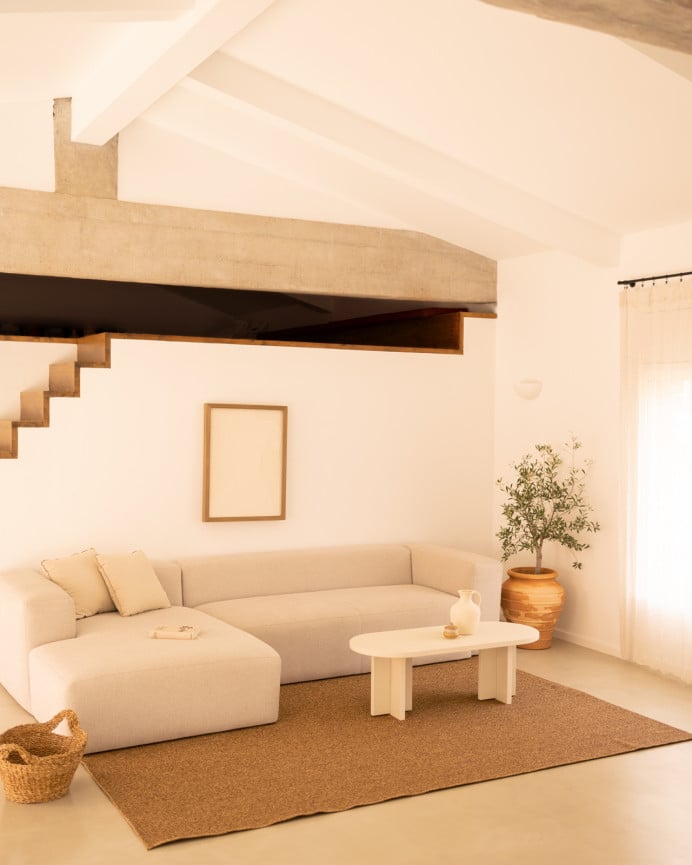 Deco Wood Mesa De Centro De Microcemento En Tono Blanco Roto De 120x50cm