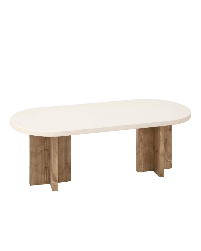 Deco Wood Mesa De Centro De Microcemento En Tono Blanco Roto Con Patas De Madera Tono Roble Oscuro De 120x50cm