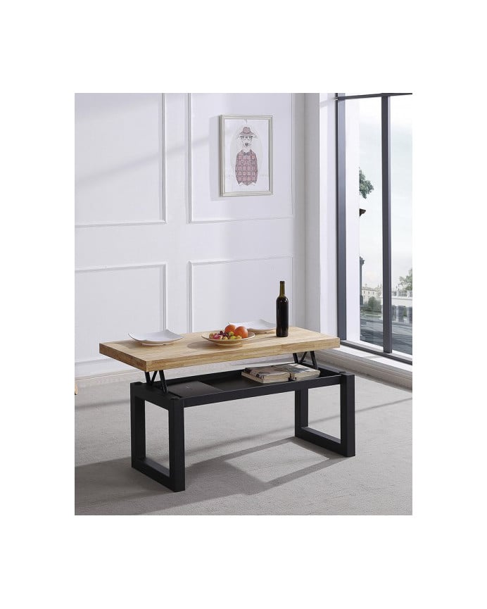 Deco Wood Mesa De Centro Elevable De Madera Maciza Con Patas De Hierro Color Negro De 43x120cm