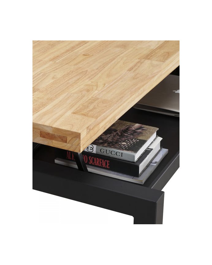 Deco Wood Mesa De Centro Elevable De Madera Maciza Con Patas De Hierro Color Negro De 43x120cm