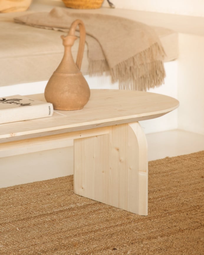 Deco Wood Mesa De Centro Ovalada De Madera Maciza En Tono Natural De 100cm