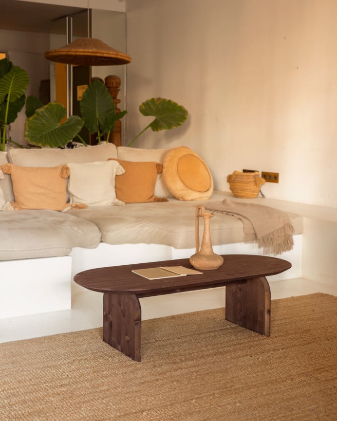 Deco Wood Mesa De Centro Ovalada De Madera Maciza En Tono Nogal De 100cm