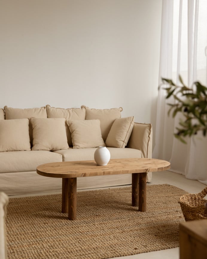 Deco Wood Mesa De Centro Ovalada De Madera Maciza En Tono Roble Oscuro De 40x120cm