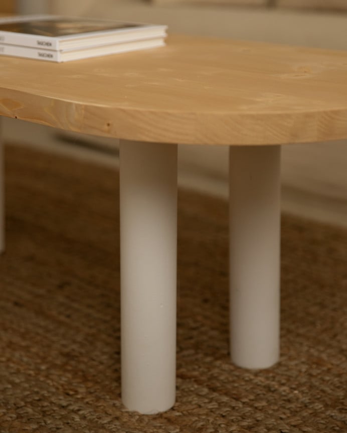 Deco Wood Mesa De Centro Ovalada De Madera Maciza Sobre En Tono Roble Medio Y Patas Tono Blanco De 40x120cm