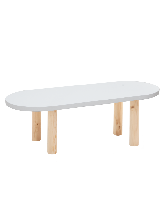 Deco Wood Mesa De Centro Ovalada De Madera Maciza Sobre En Tono Blanco Y Patas Tono Natural De 40x120cm