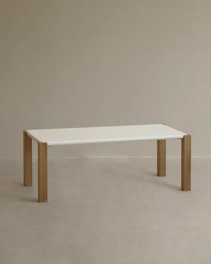 Deco wood Mesa de centro rectangular en tono blanco roto efecto mate y patas de madera de álamo en 123x53cm