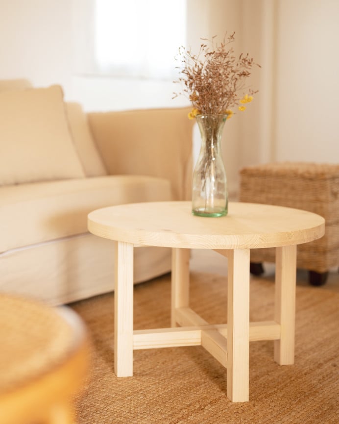 Deco Wood Mesa De Centro Redonda De Madera Maciza Acabado Natural De Ø60cm