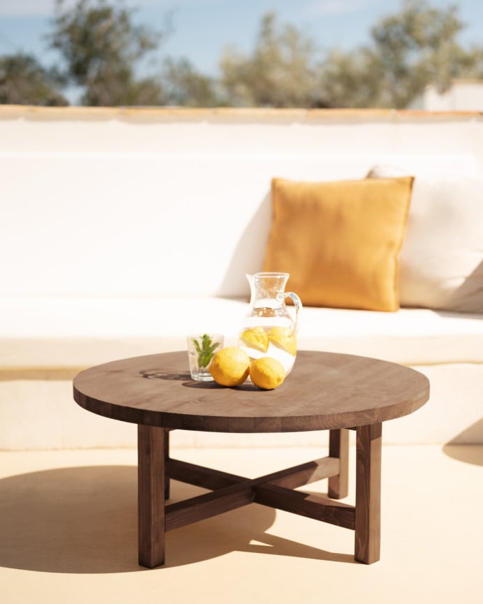 Deco Wood Mesa De Centro Redonda De Madera Maciza Acabado Nogal De Ø60cm