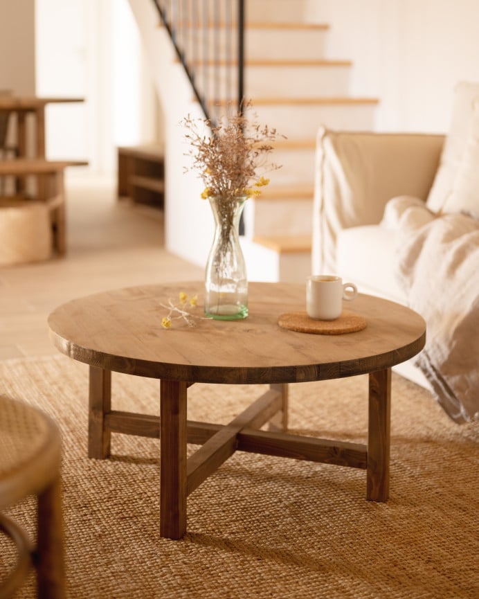 Deco Wood Mesa De Centro Redonda De Madera Maciza Acabado Roble Oscuro De Ø60cm