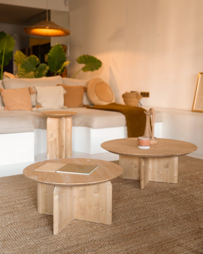 Deco Wood Mesa De Centro Redonda De Madera Maciza En Tono Roble Medio De 60cm