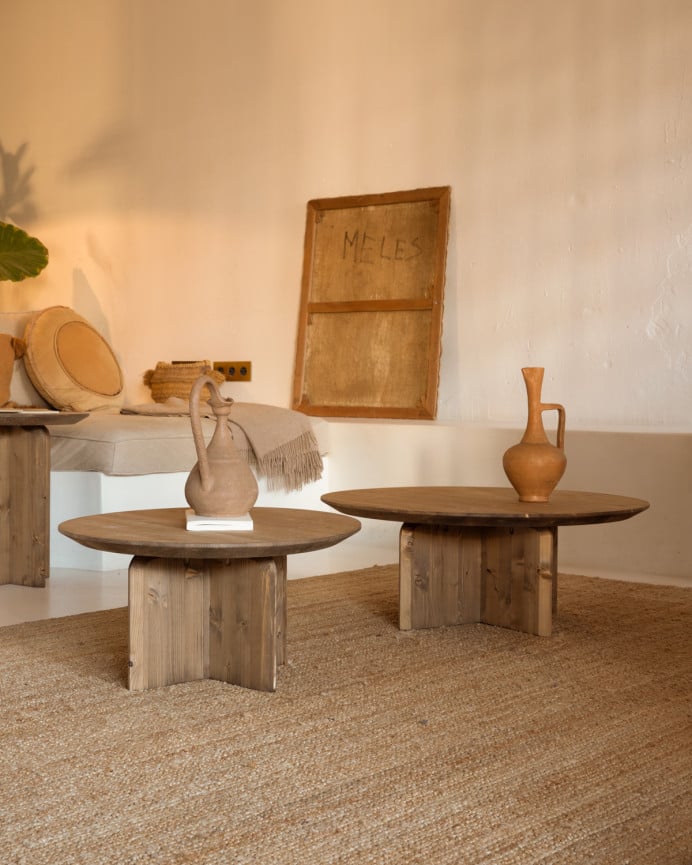 Deco Wood Mesa De Centro Redonda De Madera Maciza En Tono Roble Oscuro De 60cm