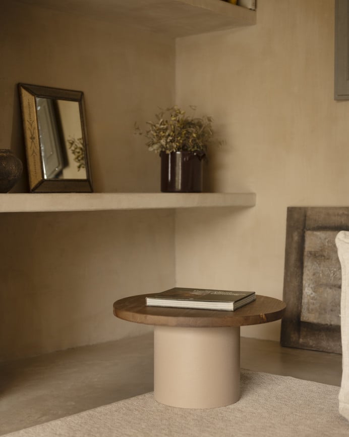 Deco Wood Mesa De Centro Redonda De Madera Maciza Tono Roble Oscuro Y Pata De Microcemento Tono Tierra De 60x33cm