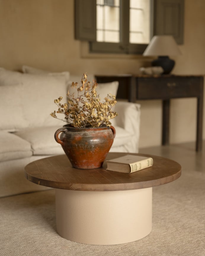 Deco Wood Mesa De Centro Redonda De Madera Maciza Tono Roble Oscuro Y Pata De Microcemento Tono Tierra De 80x33cm