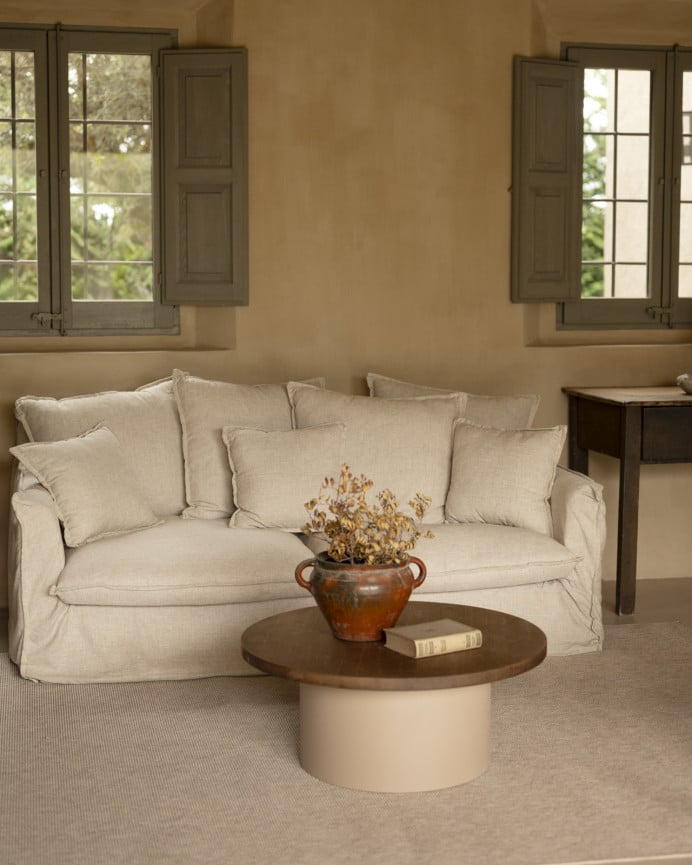 Deco Wood Mesa De Centro Redonda De Madera Maciza Tono Roble Oscuro Y Pata De Microcemento Tono Tierra De 80x33cm