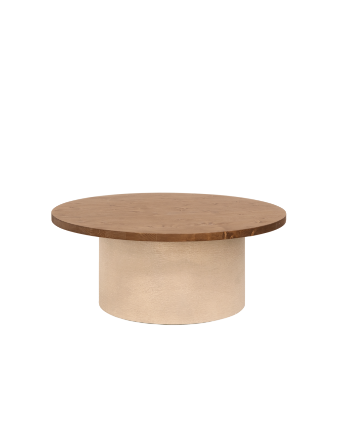 Deco Wood Mesa De Centro Redonda De Madera Maciza Tono Roble Oscuro Y Pata De Microcemento Tono Tierra De 80x33cm