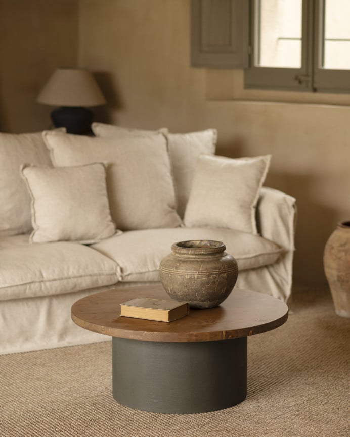 Deco Wood Mesa De Centro Redonda De Madera Maciza Tono Roble Oscuro Y Pata De Microcemento Tono Verde De 80x33cm