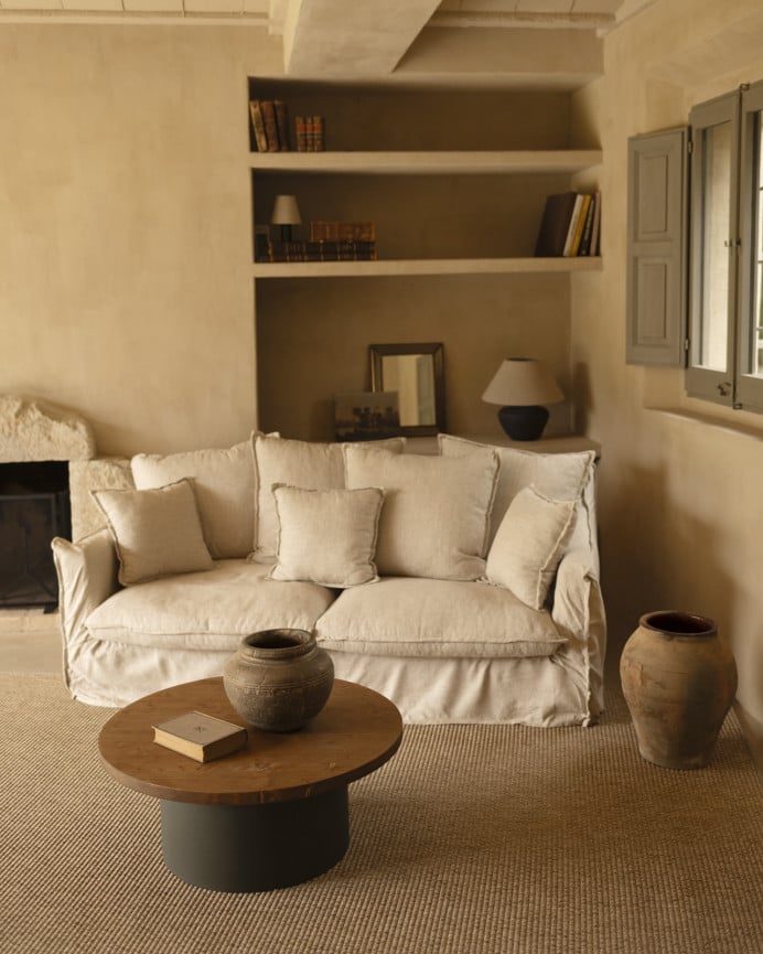 Deco Wood Mesa De Centro Redonda De Madera Maciza Tono Roble Oscuro Y Pata De Microcemento Tono Verde De 80x33cm