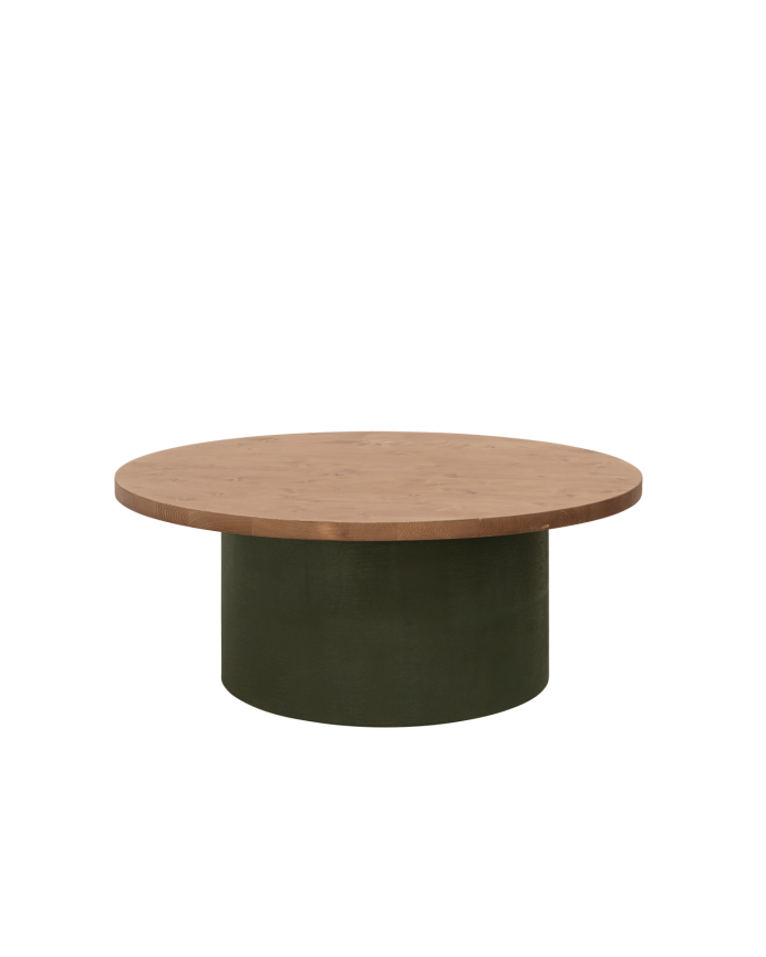 Deco wood Mesa de centro redonda de madera maciza tono roble oscuro y pata de microcemento tono verde de 80x33cm