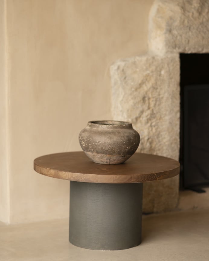 Deco Wood Mesa De Centro Redonda De Madera Maciza Tono Roble Oscuro Y Pata De Microcemento Tono Verde De 60x33cm