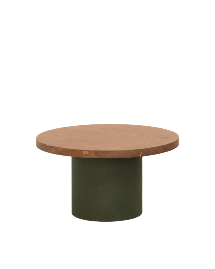 Deco Wood Mesa De Centro Redonda De Madera Maciza Tono Roble Oscuro Y Pata De Microcemento Tono Verde De 60x33cm