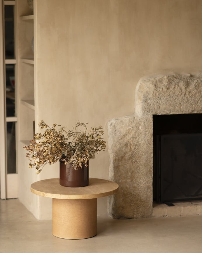 Deco Wood Mesa De Centro Redonda De Madera Maciza Tono Roble Medio Y Pata De Microcemento Tono Terracota De 60x33cm